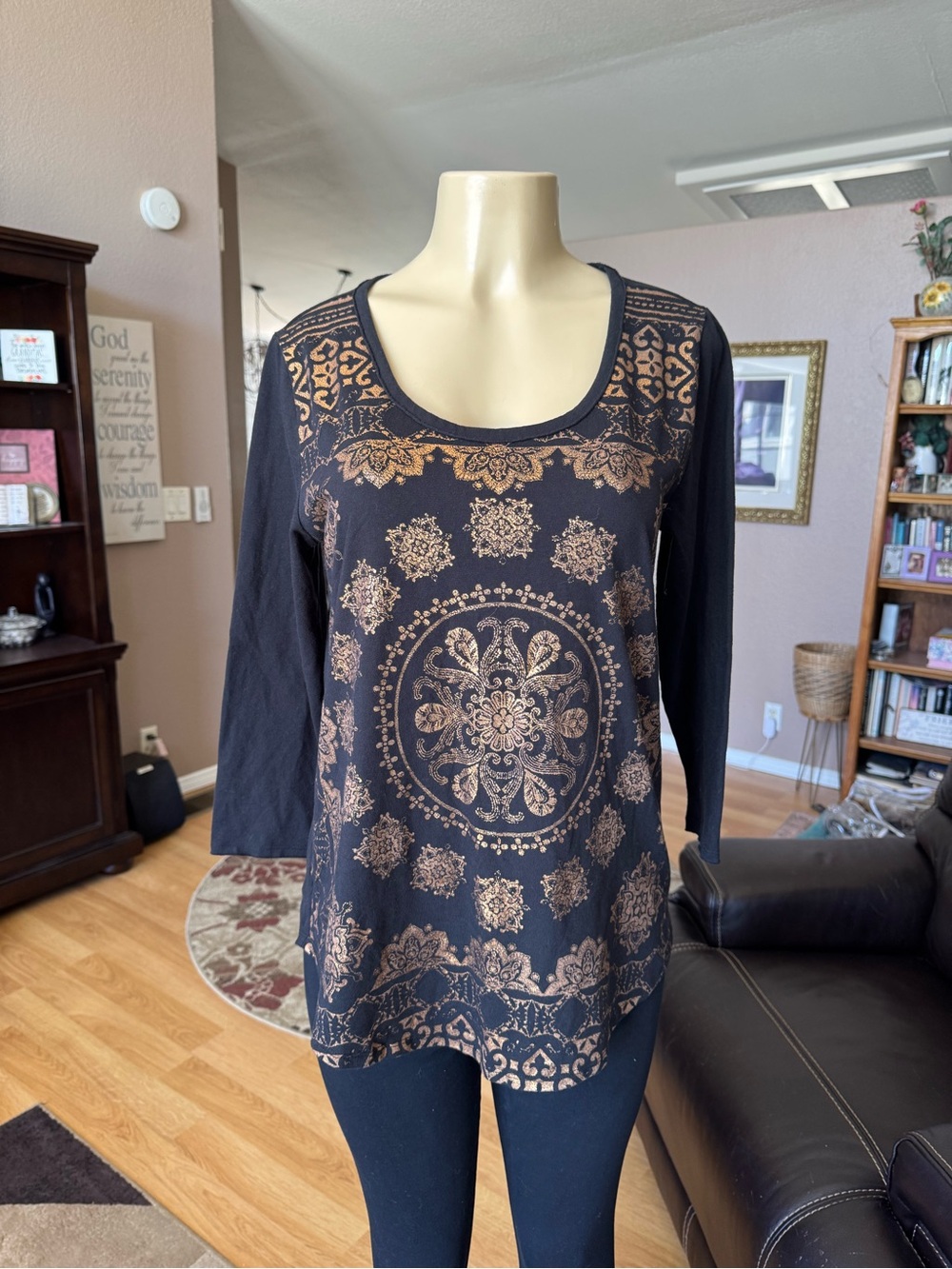 Lucky Brand black blouse with copper medallion print blouse-size L